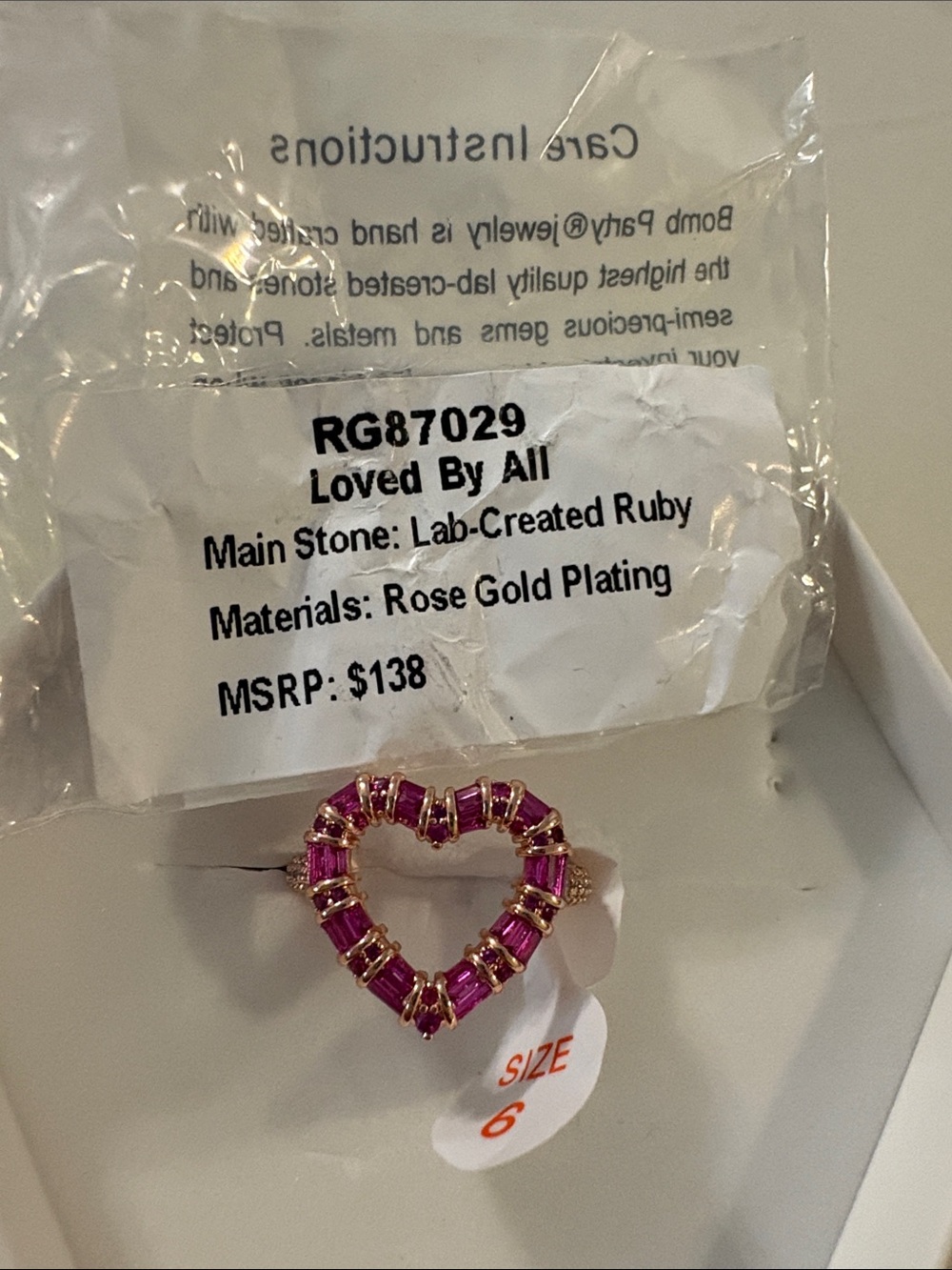 Rose Gold Plated Heart Ring with Pink Lab-Created Ruby - Size 6